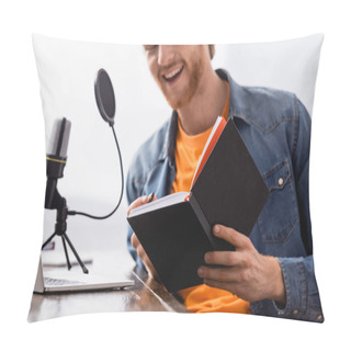 Personality  Selective Focus Of Young Excited Broadcaster Holding Notebook While Speaking In Microphone Pillow Covers