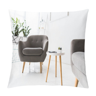 Personality  Modern Interior Of White Waiting Hall With Grey Armchairs And Table Pillow Covers