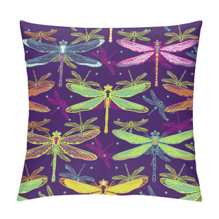 Personality  Hand Drawn Stylized Dragonflies Seamless Pattern For Girls, Boys, Clothes. Creative Background With Insect. Funny Wallpaper For Textile And Fabric. Fashion Style. Colorful Bright Pillow Covers