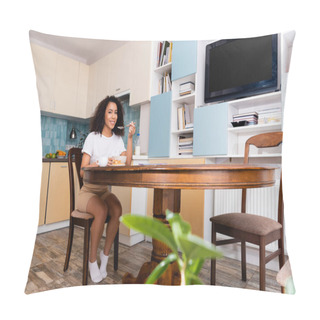 Personality  Happy African American Woman Smiling Near Tasty Breakfast On Table  Pillow Covers