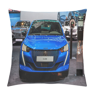 Personality  Peugeot E-208 Electric Car At The Brussels Autosalon European Motor Show. Brussels, Belgium - January 13, 2023. Pillow Covers