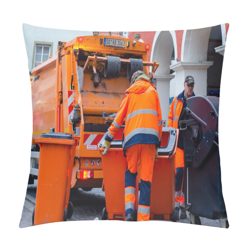 Personality  Soest, Germany - December 31, 2018:  Waste Collection Vehicle With Workers In Germany. Pillow Covers