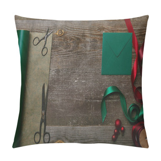 Personality  Flat Lay With Blank Envelope, Scissors, Green And Red Ribbons And Wrapping Paper On Wooden Surface, Christmas Background Pillow Covers