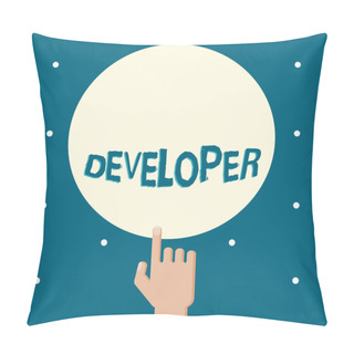 Personality  Word Writing Text Developer. Business Concept For Demonstrating Or Thing That Develops Grows Or Matures Something Male Hu Analysis Hand Pointing Up Index Finger Touching Solid Color Circle Pillow Covers