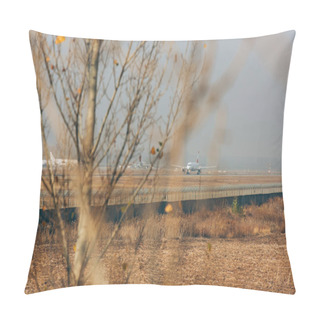 Personality  Selective Focus Of Jetliner On Runway In Field  Pillow Covers