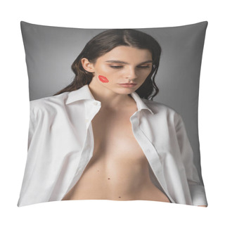 Personality  Sexy Woman With Red Lip Print On Face Posing In White Unbuttoned Shirt On Grey  Pillow Covers