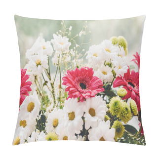 Personality  Pink Gerbera, White Daisies And Green Chrysanthemum Bouquet At Rustic Window With Copy Space Pillow Covers