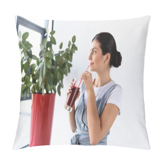 Personality  Thoughtful Woman With Detox Drink Pillow Covers