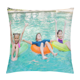 Personality  Joyful Girls With Hands In Air And Boy With Closed Eyes Floating In Pool On Swim Rings Pillow Covers