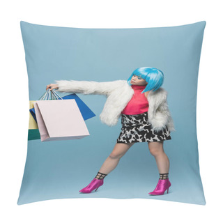 Personality  Pretty Asian Woman In Pop Art Style Looking At Shopping Bags On Blue Background  Pillow Covers
