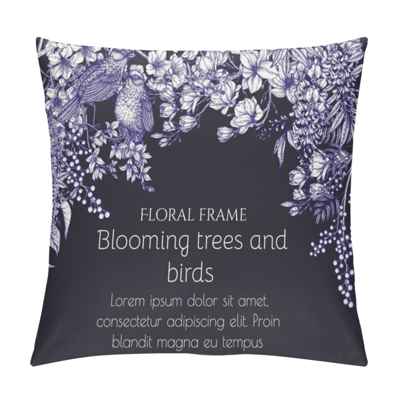 Personality   Vector spring illustration in engraving style. Two nightingales on a forsythia branch and flowering trees. Magnolia, mimosa, cherry blossom, lilac, wisteria pillow covers