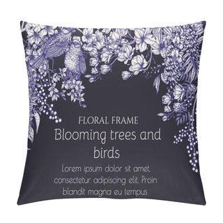 Personality   Vector Spring Illustration In Engraving Style. Two Nightingales On A Forsythia Branch And Flowering Trees. Magnolia, Mimosa, Cherry Blossom, Lilac, Wisteria Pillow Covers