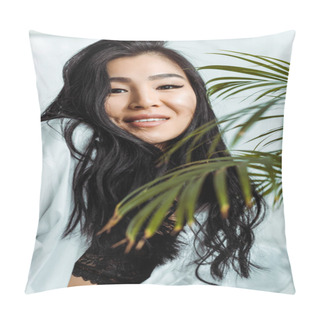 Personality  Selective Focus Of Happy Asian Woman Looking At Camera Near Plant  Pillow Covers