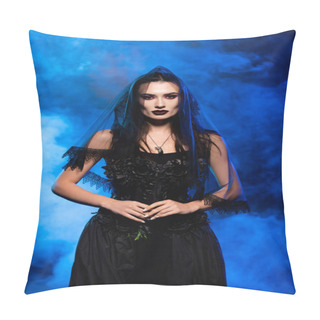 Personality  Bride In Black Dress And Veil On Blue With Smoke, Halloween Concept Pillow Covers