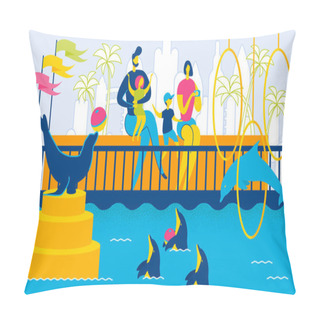 Personality  Family In Dolphinarium Together. Dolphins And Fur Seals Perform. Mother, Father And Kids Watching Show. Animals Swim And Play Ball. Jump Through Hoops. Family In Zoo. Circus, Aquarium. Vector EPS 10. Pillow Covers