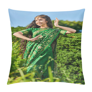 Personality  Carefree Young Indian Woman In Traditional Sari Dancing While Standing Near Plants In Park Pillow Covers
