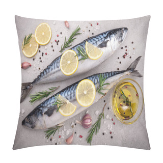Personality  Fresh Raw Fish. Mackerel With Salt, Lemon And Spices On Gray Background. Cooking Fish With Herbs Pillow Covers