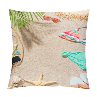 Personality  Top View Of Bikini And Accessories Lying On Sandy Beach Pillow Covers