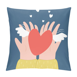 Personality  Vector Illustration Of Hands Holding A Heart With Wings. Pillow Covers