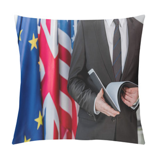 Personality  Cropped View Of Diplomat Holding Folder Near Flags  Pillow Covers
