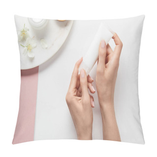 Personality  Cropped View Of Woman Holding Cream Tube Near Plate With Cosmetics And Flowers On White Pink Surface Pillow Covers