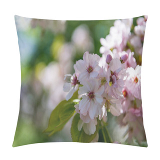 Personality  Selective Focus Of Cherry Blossom Flowers On Blurred Background  Pillow Covers