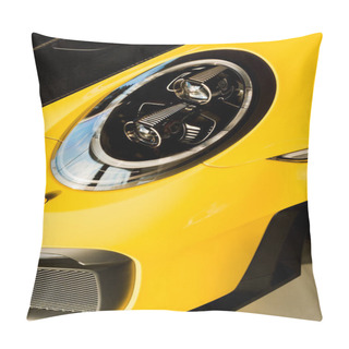 Personality  KYIV, UKRAINE - OCTOBER 7, 2019: Close Up Of Headlight Of Luxury Yellow Porshe   Pillow Covers