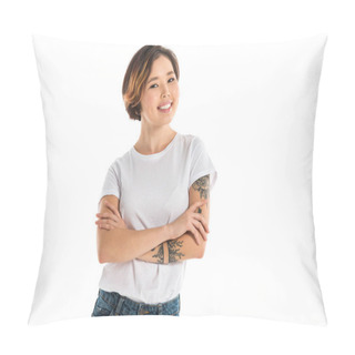 Personality  Young Woman With Arms Crossed Looking At Camera And Smiling Isolated On White Pillow Covers