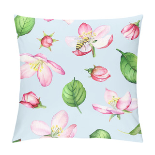 Personality  Seamless Pattern With Watercolor Hand Drawn Apple Flowers, Buds And Leaves With Blue Background. Pillow Covers