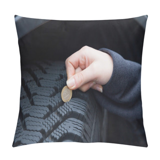 Personality  Woman Measures Tire Tread Of A Car Tire Pillow Covers
