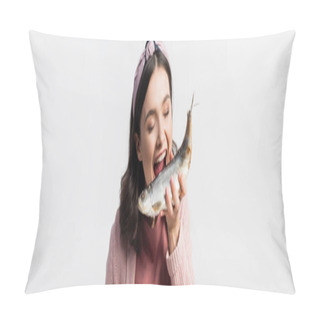 Personality  Panoramic Crop Of Young Woman With Open Mouth And Closed Eyes Holding Dried Fish Isolated On White Pillow Covers