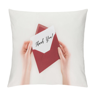 Personality  Cropped Shot Of Woman Opening Red Envelope With Thank You Lettering On Paper Isolated On White Pillow Covers
