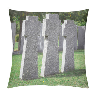 Personality  Selective Focus Of Memorial Stone Crosses Placed In Row At Graveyard Pillow Covers