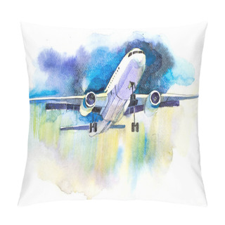 Personality  Plane Flying In The Cloudy Sky. Aircraft Takes Off From The Airport. Pillow Covers