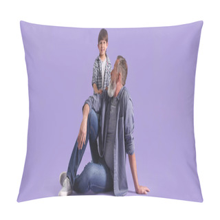 Personality  Cute Little Boy With Grandfather On Purple Background Pillow Covers