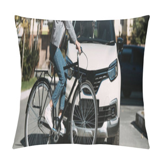 Personality  Partial View Of Woman Riding Bicycle While Crossing Road With Driver In Car Pillow Covers