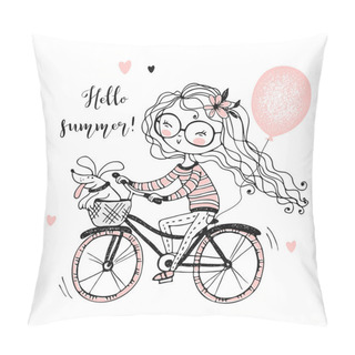 Personality  A Girl With Her Pet Dog Rides A Bicycle With Balloons. Vector Pillow Covers
