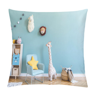 Personality  Interior Design Of Scandinavian Childroom With Wooden Cabinet, Mint Armchair, A Lot Of Plush And Wooden Toys. Eucalyptus Color Of Background Walls. Plush Animal Head On The Wall. Template Copy Space Pillow Covers