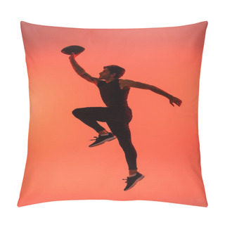 Personality  Side View Of Athletic Player Holding Rugby Ball While Jumping Isolated On Red  Pillow Covers