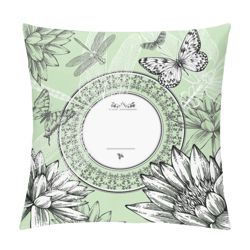 Personality  Vintage round frame with water lilies, butterflies and dragonflies, hand-drawing. Vector. pillow covers