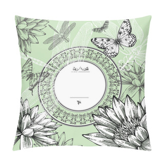Personality  Vintage Round Frame With Water Lilies, Butterflies And Dragonflies, Hand-drawing. Vector. Pillow Covers