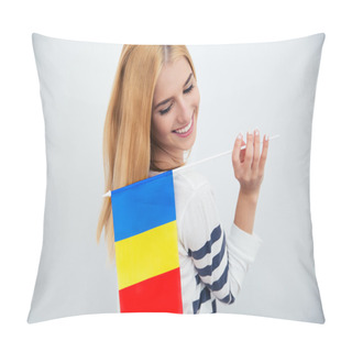 Personality  Woman Holding Romanian Fla Pillow Covers
