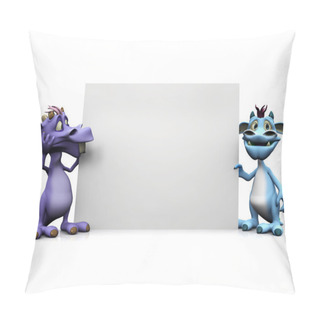 Personality  Two Cute Friendly Cartoon Monsters Holding A Very Big Blank Sign. White Background. Pillow Covers