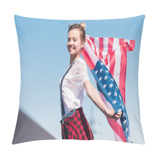 Personality  Smiling Young Woman Holding American Flag Against Blue Sky, Independence Day Concept Pillow Covers