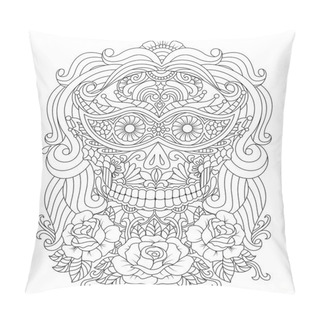 Personality  Hand Drawn Skull Of Girl With Flowers Pattern.Mexican Holiday Day Of The Dead. Isolated Vector File Pillow Covers