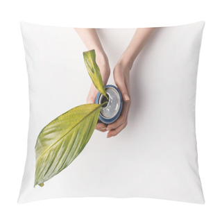 Personality  Cropped Shot Of Woman Holding Can With Green Leaves Inside Isolated On Grey, Reuse And Environment Concept Pillow Covers