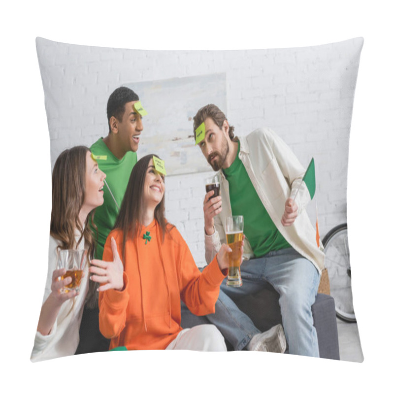 Personality  Cheerful Multiethnic Friends With Sticky Notes On Foreheads Holding Alcohol Drinks And Playing Guess Who Game On Saint Patrick Day Pillow Covers