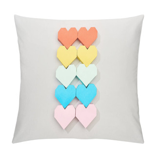 Personality  Top View Of Colorful Heart Shaped Papers On Grey Background Pillow Covers