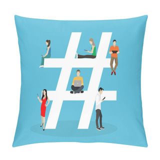 Personality  Cartoon People Sitting Around Hash Symbol, Vector Illustration Concept Design Pillow Covers