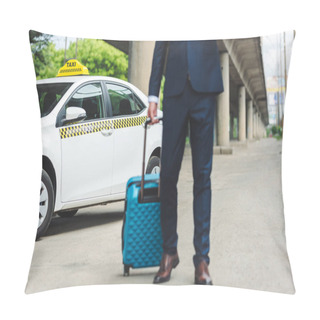 Personality  Cropped Shot Of Man In Suit Holding Suitcase While Standing Near Taxi Cab Pillow Covers